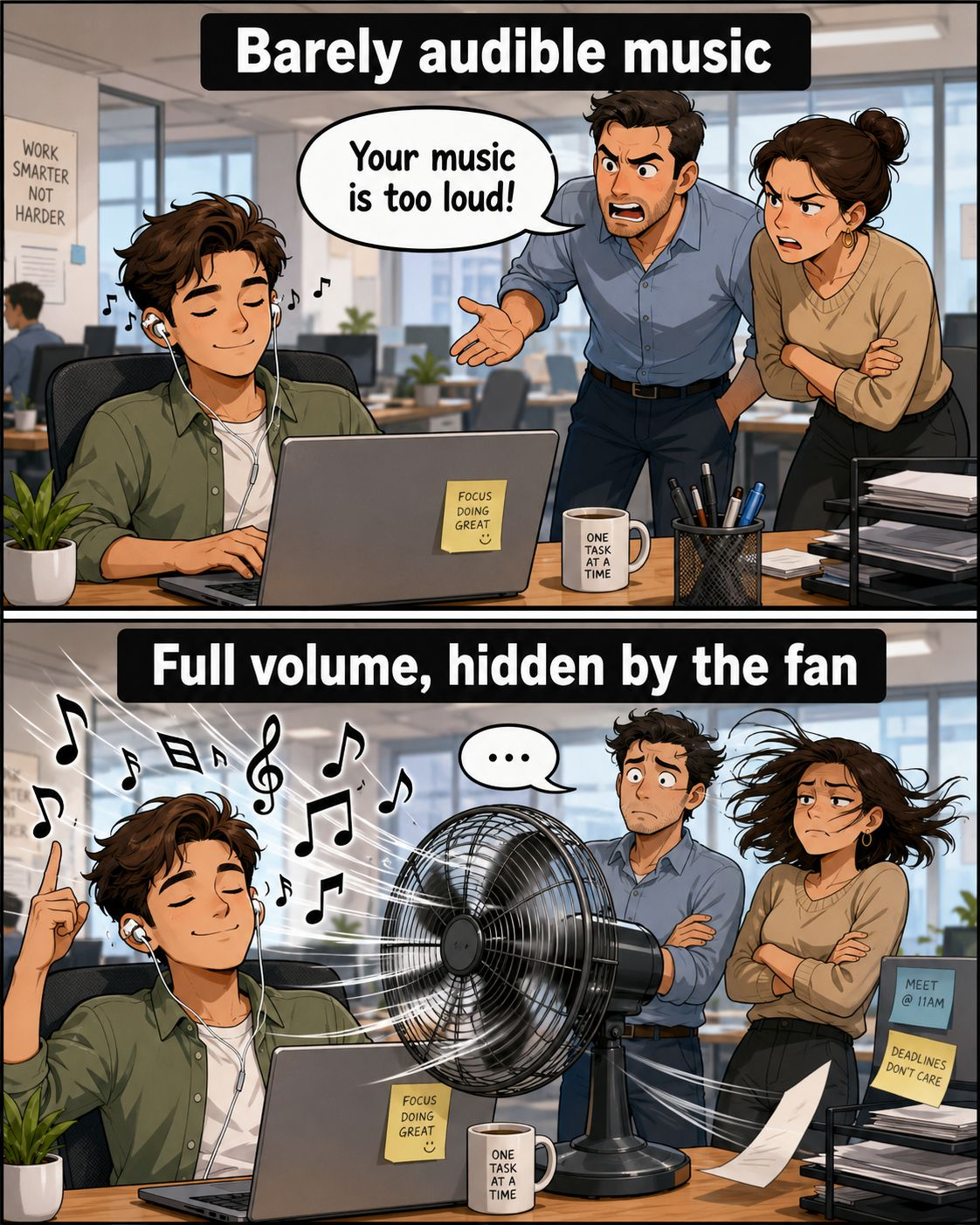 Comic strip showing an office worker using a fan to mask loud headphone music